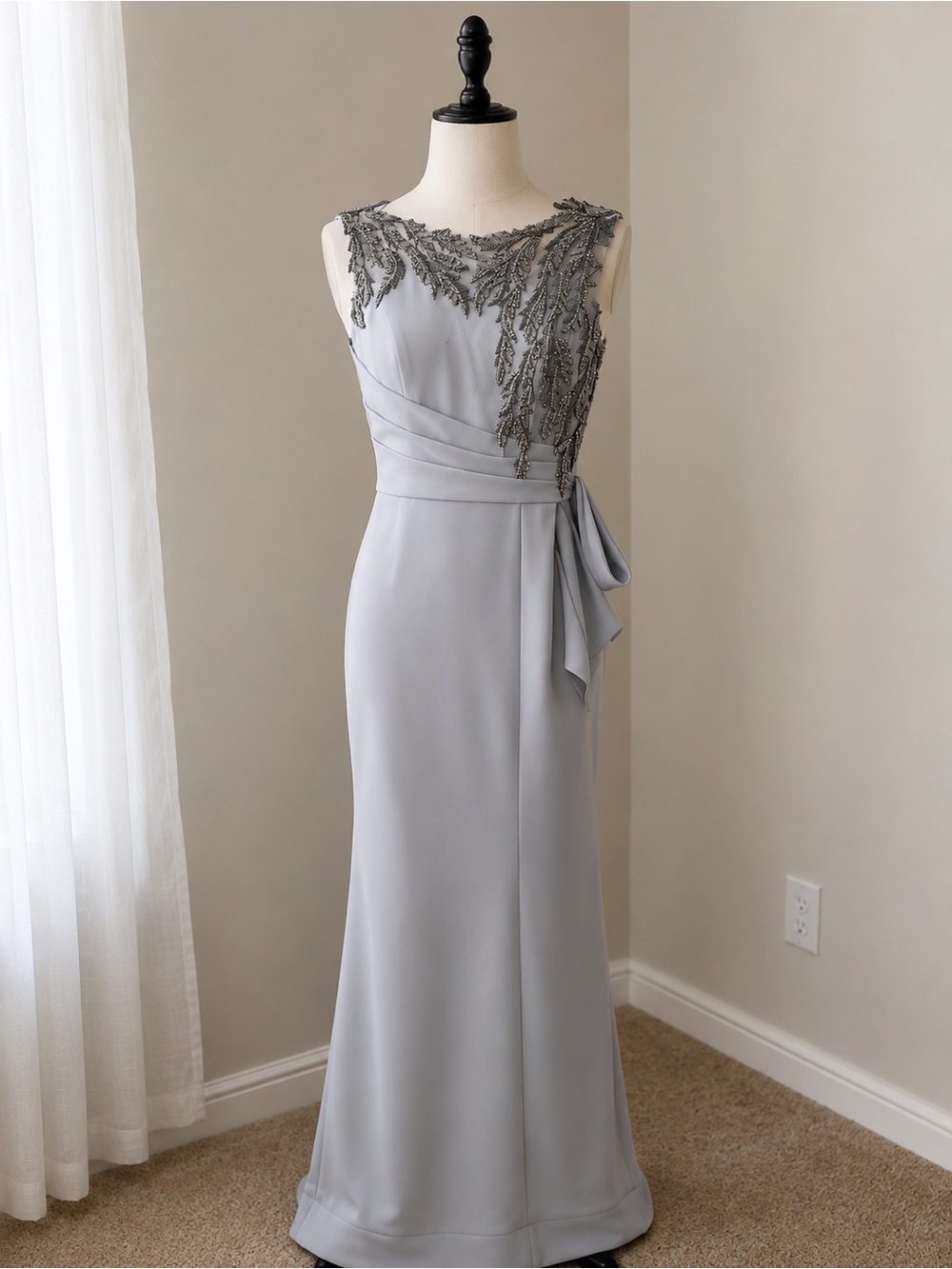 kenzie Silver-Gray Sleeveless Lace Appliqué Maxi Dress